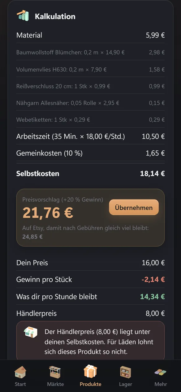 Kalkulation eines Produkts mit Preisvorschlag